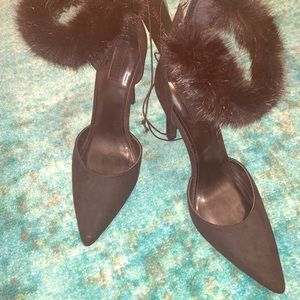 Black Faux Fur Ankle Strap Stilettos NWT